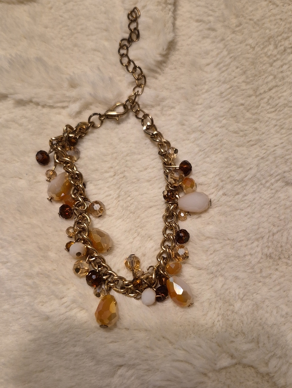 Gold-Tone Mixed Bead Charm Bracelet - Honey Amber & White